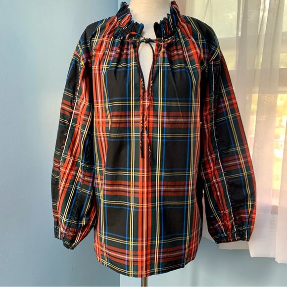 NWT J. Crew Scalloped Tie Neck Stewart Tartan Plaid Top Size XS - Picture 3 of 11